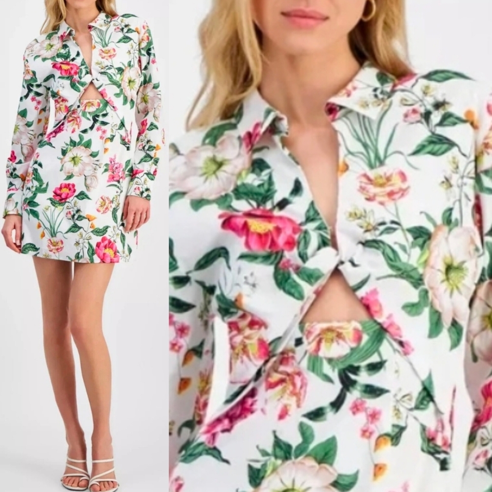 🔥Rachel Roy Patter Floral Long-Sleeve Mini Shirtdress